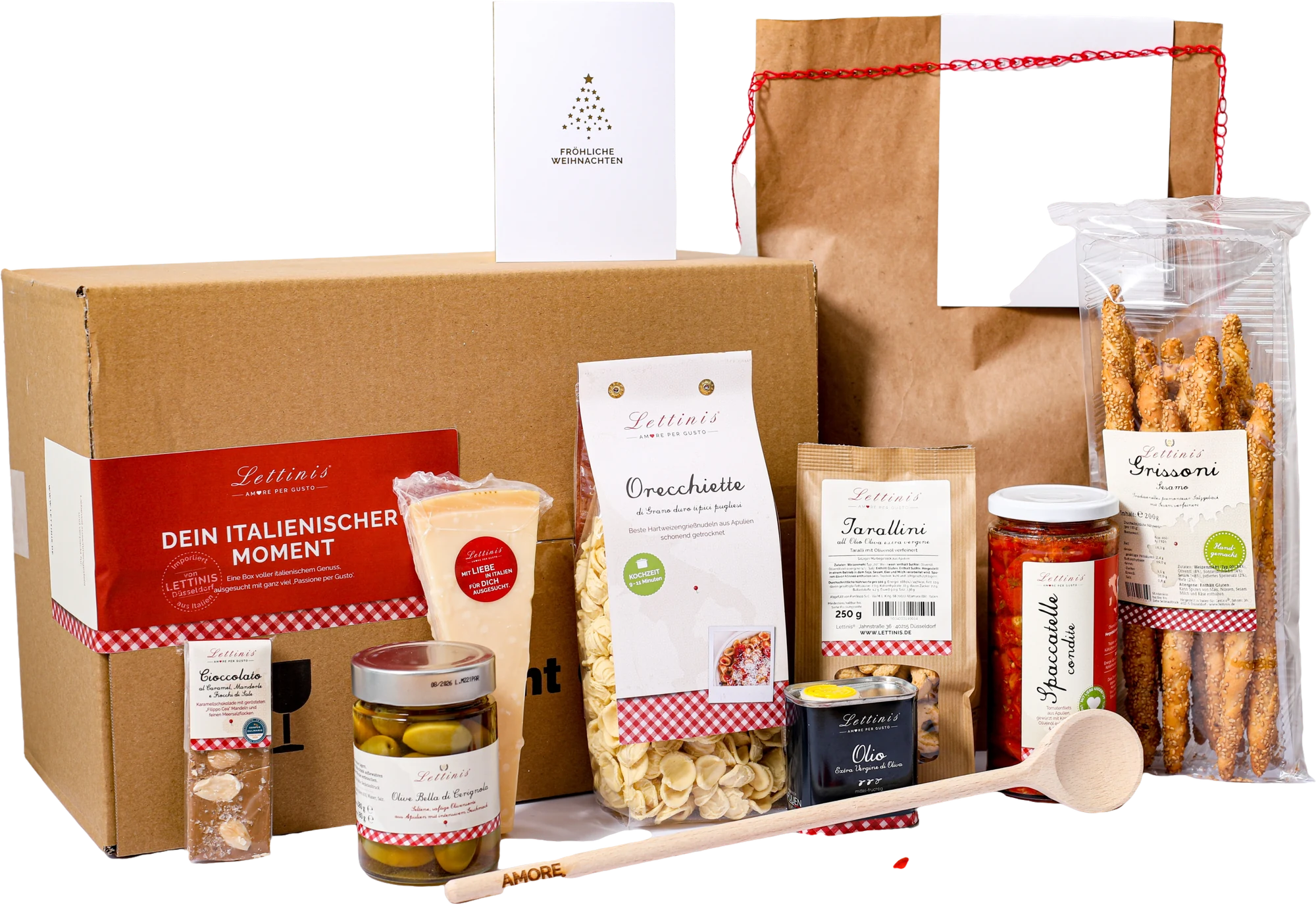Musterbox von Lettinis: Kiste mit Banderole, Grußkarte, Geschenktüte und italienische Spezialitäten